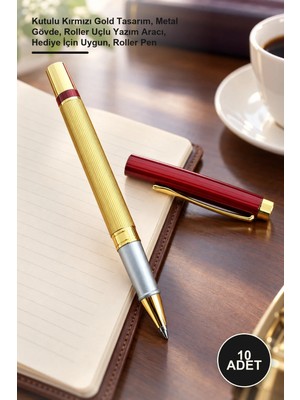 Yenilig 10 Adet Roller Kalem – Kutulu Kırmızı Gold Tasarım, Metal Gövde, Roller Uçlu Yazım Aracı, Hediye Için Uygun, Roller Pen