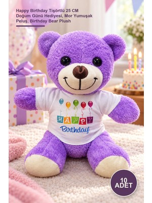 Yenilig 10 Adet Peluş Ayıcık – Happy Birthday Tişörtlü 25 cm Doğum Günü Hediyesi, Mor Yumuşak Peluş, Birthday Bear Plush