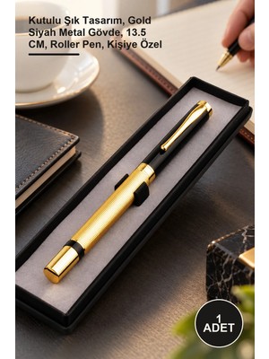 Yenilig 1 Adet Metal Roller Kalem – Kutulu Şık Tasarım, Gold Siyah Metal Gövde, 13.5 Cm, Roller Pen, Kişiye Özel