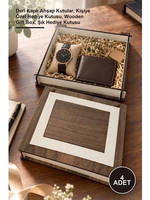 Yenilig 4 Adet Ahşap Derili Hediye Kutusu – Deri Kaplı Ahşap Kutular, Kişiye Özel Hediye Kutusu, Wooden Gift Box, Şık Hediye Kutusu