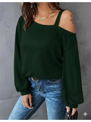 Lune Store Kadın Uzun Kollu Tek Omuz Askı Detay Salaş Viskon Iki Iplik Bluz
