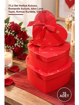 Yenilig 10 Adet Kırmızı Kalp Hediye Kutusu – 3'lü Set Hediye Kutusu, Romantik Sunum, Altın Love Yazılı, Kırmızı Kurdela, Gift Box