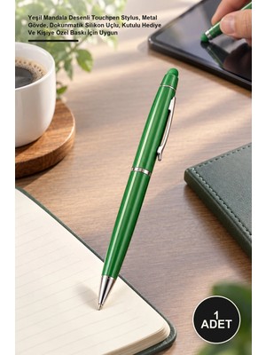 Yenilig 1 Adet Tükenmez Kalem – Yeşil Mandala Desenli Touchpen Stylus, Metal Gövde, Dokunmatik Silikon Uçlu, Kutulu Hediye ve Kişiye Özel Baskı Için Uygun