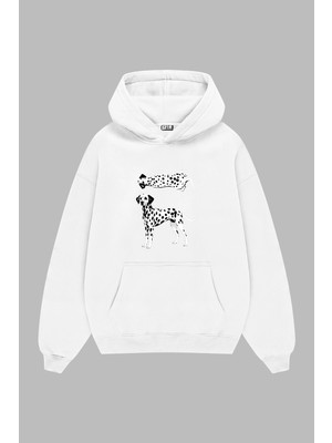 Sekizbiraltı Dalmaçyalı Grafik Baskılı Beyaz Oversize Unisex Hoodie