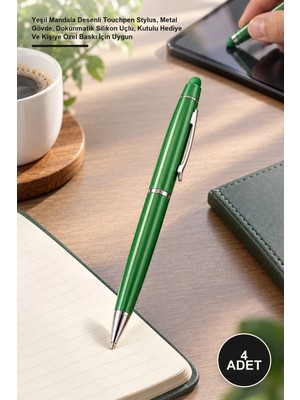 Yenilig 4 Adet Tükenmez Kalem – Yeşil Mandala Desenli Touchpen Stylus, Metal Gövde, Dokunmatik Silikon Uçlu, Kutulu Hediye ve Kişiye Özel Baskı Için Uygun