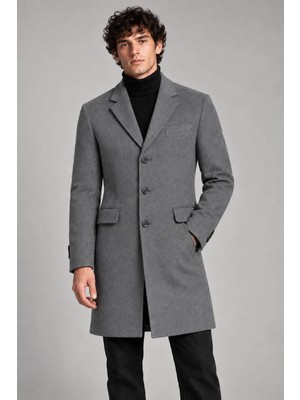 Maisonrae Erkek Antrasit, Slim Fit Kaşe Kaban – Klasik Yaka 3 Düğmeli Uzun Kesim Kışlık Palto