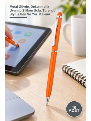 Yenilig 10 Adet Tükenmez Touchpen Kalem – Metal Gövde, Dokunmatik Uyumlu Silikon Uçlu, Turuncu Stylus Pen ve Yazı Kalemi