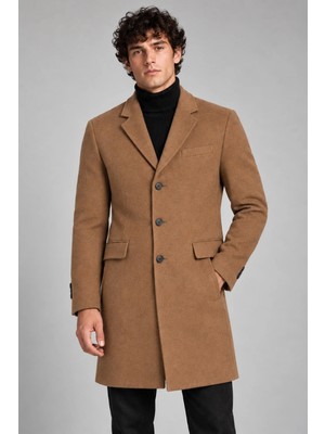 Maisonrae Erkek Vizon, Slim Fit Kaşe Kaban – Klasik Yaka 3 Düğmeli Uzun Kesim Kışlık Palto
