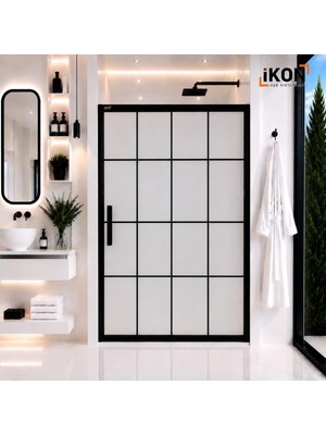 ikon Enzo 1 Sabit 1 Sürgü | Mat Siyah Karolaj Tam Buzlu Duş Kabini H:190