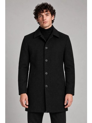 Maisonrae Erkek Siyah Slim Fit Kaşe Kaban – Klasik Yaka 4 Düğmeli Kısa Kesim Kışlık Palto