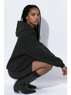 Hiccup Kadınlar Simli Kapüşonlu Sweatshirt Siyah