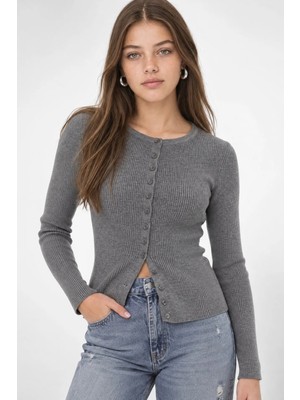 Hiccup Kadınlar Mixray Düğmeli Slim Fit Yivli Örgü Hırka Koyu Gri