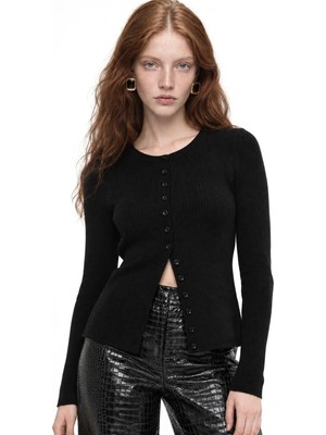 Hiccup Kadınlar Mixray Düğmeli Slim Fit Yivli Örgü Hırka Siyah