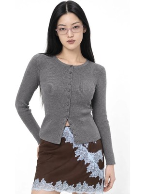 Hiccup Kadınlar Mixray Düğmeli Slim Fit Yivli Örgü Hırka Gri