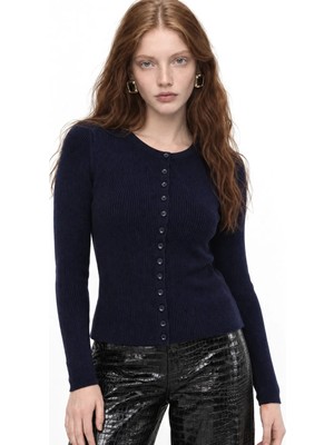 Hiccup Kadınlar Mixray Düğmeli Slim Fit Yivli Örgü Hırka Lacivert