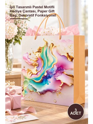 Yenilig 3 Adet Büyük Boy Karton Çanta – Ipli Tasarımlı Pastel Motifli Hediye Çantası, Paper Gift Bag, Dekoratif Fonksiyonel