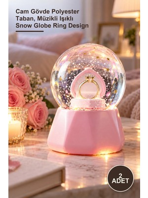 Yenilig 2 Adet Tek Taş Yüzük Tasarımlı Büyük Boy Kar Küresi – Cam Gövde Polyester Taban, Müzikli Işıklı Snow Globe Ring Design