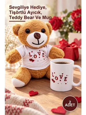 Yenilig 2 Adet Love Baskılı Kahverengi Peluş Ayıcık ve Porselen Kupa Hediye Seti – Sevgiliye Hediye, Tişörtlü Ayıcık, Teddy Bear ve Mug