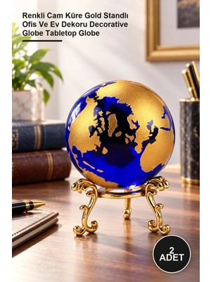 Yenilig 2 Adet Dekoratif Dünya Küresi – Renkli Cam Küre Gold Standlı Ofis ve Ev Dekoru Decorative Globe Tabletop Globe