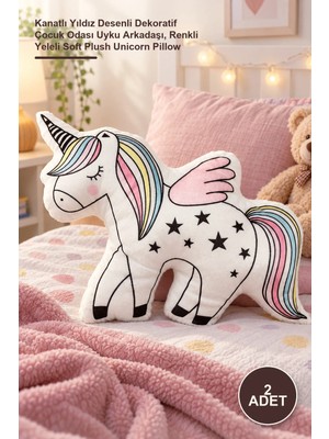 Yenilig 2 Adet Unicorn Tasarımlı Yumuşak Peluş Yastık – Kanatlı Yıldız Desenli Dekoratif Çocuk Odası Uyku Arkadaşı, Renkli Yeleli Soft Plush Unicorn Pillow