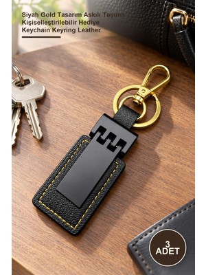 Yenilig 3 Adet Deri Metal Anahtarlık – Siyah Gold Tasarım Askılı Taşıma Kişiselleştirilebilir Hediye Keychain Keyring Leather
