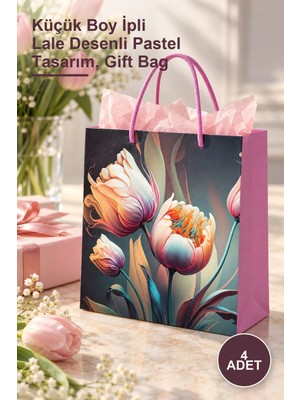 Yenilig 4 Adet Karton Hediye Çantası – Küçük Boy Ipli Lale Desenli Pastel Tasarım, Gift Bag