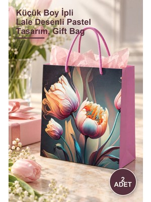 Yenilig 2 Adet Karton Hediye Çantası – Küçük Boy Ipli Lale Desenli Pastel Tasarım, Gift Bag