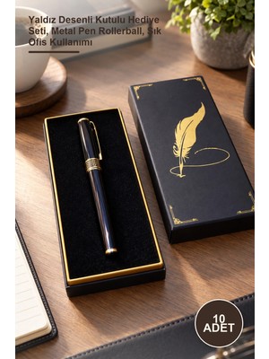 Yenilig 10 Adet Siyah Metal Roller Kalem – Yaldız Desenli Kutulu Hediye Seti, Metal Pen Rollerball, Şık Ofis Kullanımı
