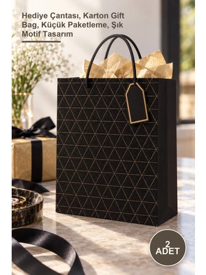 Yenilig 2 Adet Desenli Siyah Küçük Karton Çanta – Hediye Çantası, Karton Gift Bag, Küçük Paketleme, Şık Motif Tasarım