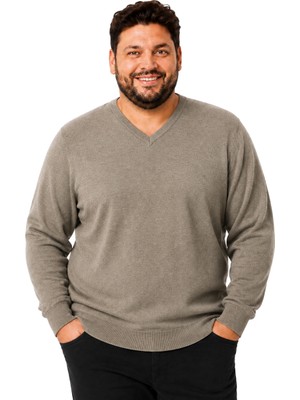 Battal Moda Erkek Büyük Beden Vizon V Yaka Pamuklu Kazak 3xl-4xl-5xl-6xl