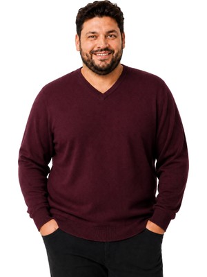 Battal Moda Erkek Büyük Beden Bordo V Yaka Pamuklu Kazak 3xl-4xl-5xl-6xl