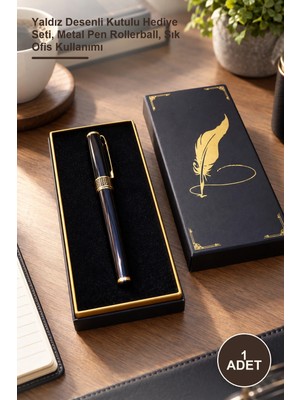 Yenilig 1 Adet Siyah Metal Roller Kalem – Yaldız Desenli Kutulu Hediye Seti, Metal Pen Rollerball, Şık Ofis Kullanımı