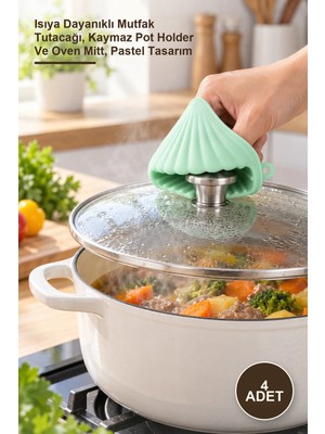 Yenilig 4 Adet Deniz Kabuğu Şeklinde Silikon Tutacak – Isıya Dayanıklı Mutfak Tutacağı, Kaymaz Pot Holder ve Oven Mitt, Pastel Tasarım