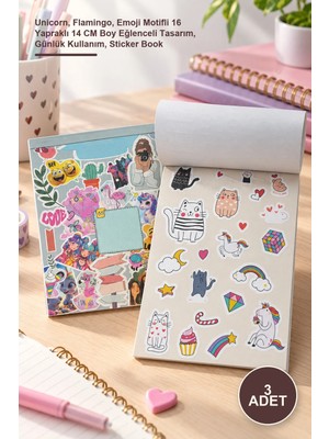 Yenilig 3 Adet Sticker Defter – Unicorn, Flamingo, Emoji Motifli 16 Yapraklı 14 cm Boy Eğlenceli Tasarım, Günlük Kullanım, Sticker Book