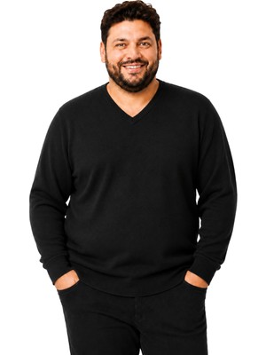 Battal Moda Erkek Büyük Beden Siyah V Yaka Pamuklu Kazak 3xl-4xl-5xl-6xl