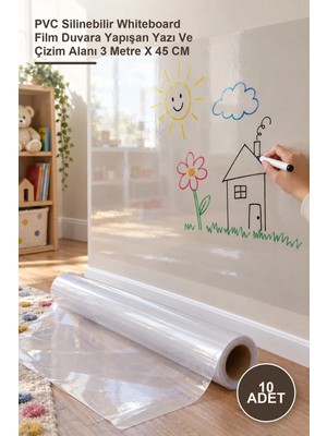 Yenilig 10 Adet Kendinden Yapışkanlı Şeffaf Tahta Filmi – Pvc Silinebilir Whiteboard Film Duvara Yapışan Yazı ve Çizim Alanı 3 Metre x 45 cm