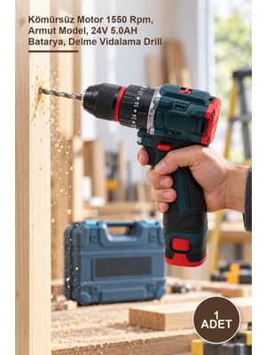 Yenilig 1 Adet Darbeli Matkap ve Uç Seti – Kömürsüz Motor 1550 Rpm, Armut Model, 24V 5.0AH Batarya, Delme Vidalama Drill