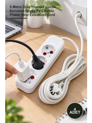 Yenilig 4 Adet Uzatma Kablosu Priz – 5 Metre Üçlü Topraklı Çocuk Korumalı Beyaz Pvc Kablo Power Strip Extension Cord