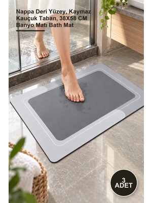 Yenilig 3 Adet Dikdörtgen Süper Emici Banyo Paspası – Nappa Deri Yüzey, Kaymaz Kauçuk Taban, 38X58 cm Banyo Matı Bath Mat