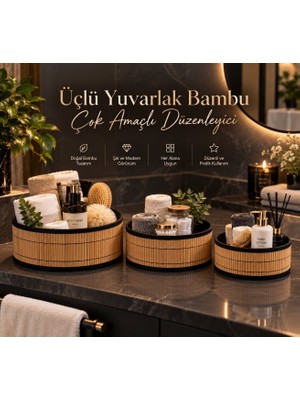 Decoform Üçlü Yuvarlak Bambu Çok Amaçlı Düzenleyici Seti,3 Boy Dekoratif Banyo, Mutfak ve Dolap Içi Organizer Sepet