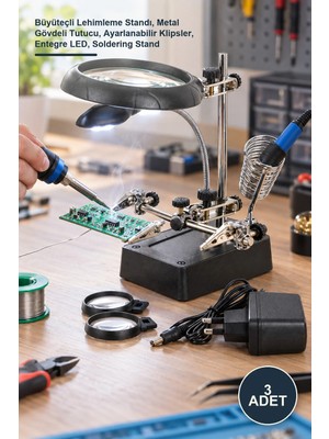 Yenilig 3 Adet Mercekli Havya Standı – Büyüteçli Lehimleme Standı, Metal Gövdeli Tutucu, Ayarlanabilir Klipsler, Entegre Led, Soldering Stand