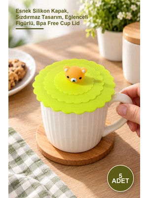 Yenilig 5 Adet Silikon Bardak Kapağı – Esnek Silikon Kapak, Sızdırmaz Tasarım, Eğlenceli Figürlü, Bpa Free Cup Lid