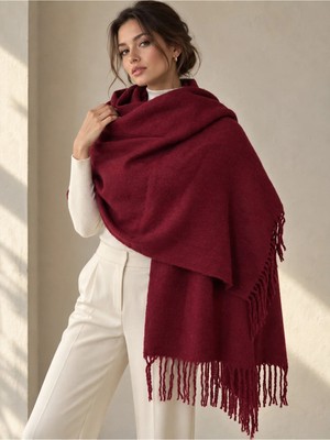 Luminos Aksesuar Bordo 200X70 cm Kadın Yumuşak Dokulu Püsküllü Düz Renk Omuz Şalı SAL1333