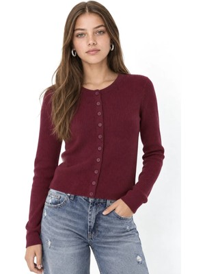 Hiccup Kadınlar Mixray Düğmeli Slim Fit Yivli Örgü Hırka Bordo Kırmızı