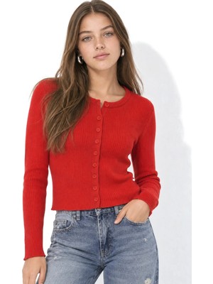 Hiccup Kadınlar Mixray Düğmeli Slim Fit Yivli Örgü Hırka Kırmızı