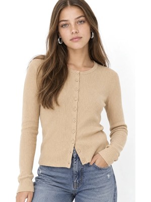 Hiccup Kadınlar Mixray Düğmeli Slim Fit Yivli Örgü Hırka Taba Doğal