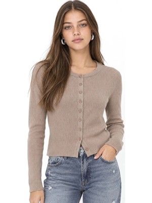 Hiccup Kadınlar Mixray Düğmeli Slim Fit Yivli Örgü Hırka Bej Doğal
