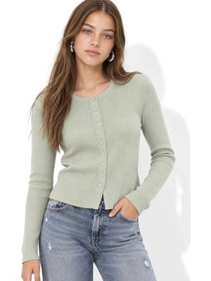 Hiccup Kadınlar Mixray Düğmeli Slim Fit Yivli Örgü Hırka Adaçayı Yeşili