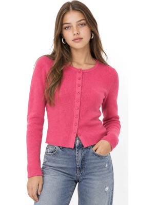 Hiccup Kadınlar Mixray Düğmeli Slim Fit Yivli Örgü Hırka Parlak Pembe