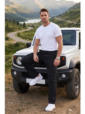 RizzUP Erkek Relaxed Fit Bol Kesim Likralı Siyah Outdoor Kargo Pantolon – Çok Cepli Geniş Paça 1705421